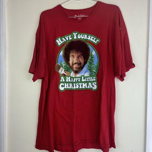 Bob Ross Red Have Yourself Happy Little Christmas Short Sleeve T-Shirt Size 2XL - Picture 1 of 8